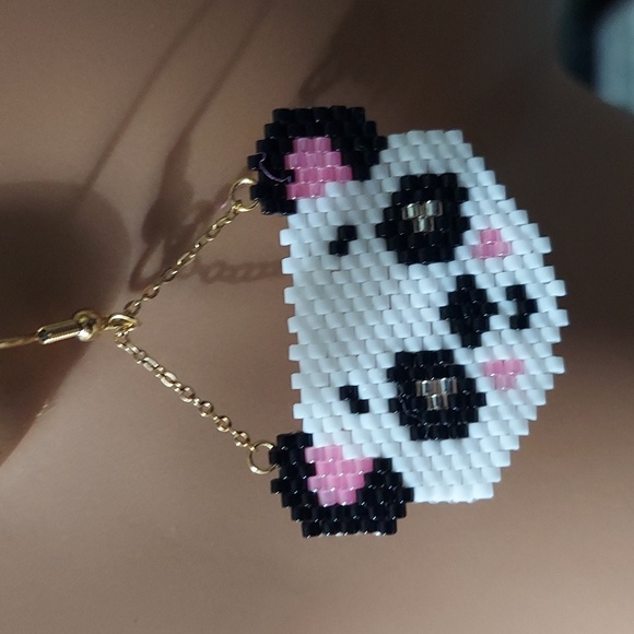 Panda Face Brick Stitch Beaded Handmade Hanging Earrings - Picture 5 of 7